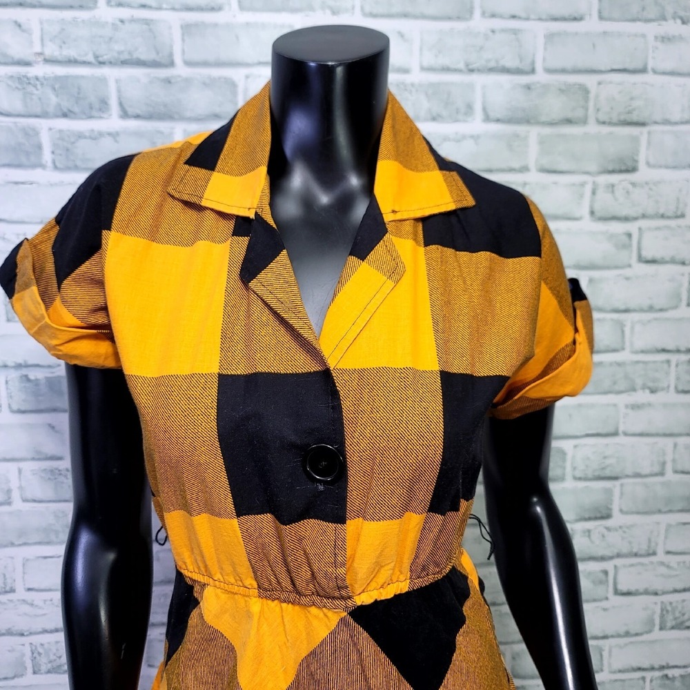 Vintage 70s 80s Joni Blair Dress Womens XS/S Orange Black Buffalo Plaid Cotton - Picture 2 of 11